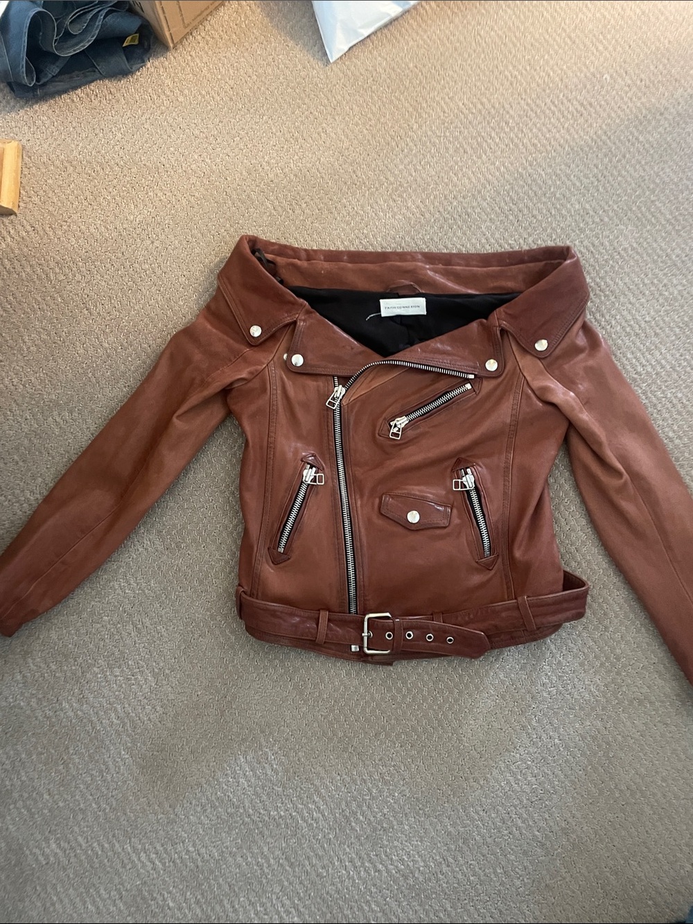 Faith Connexion Brown Off-Shoulder Leather Biker Jacket
